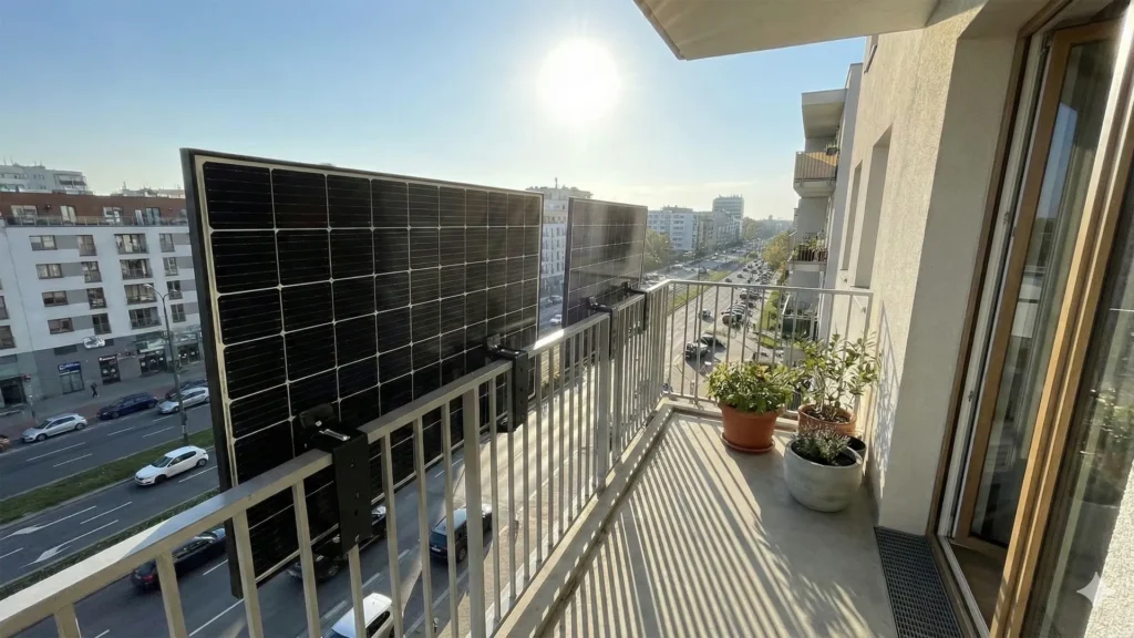 Paneles solares instalados en la parte exterior de la barandilla de un balcón urbano