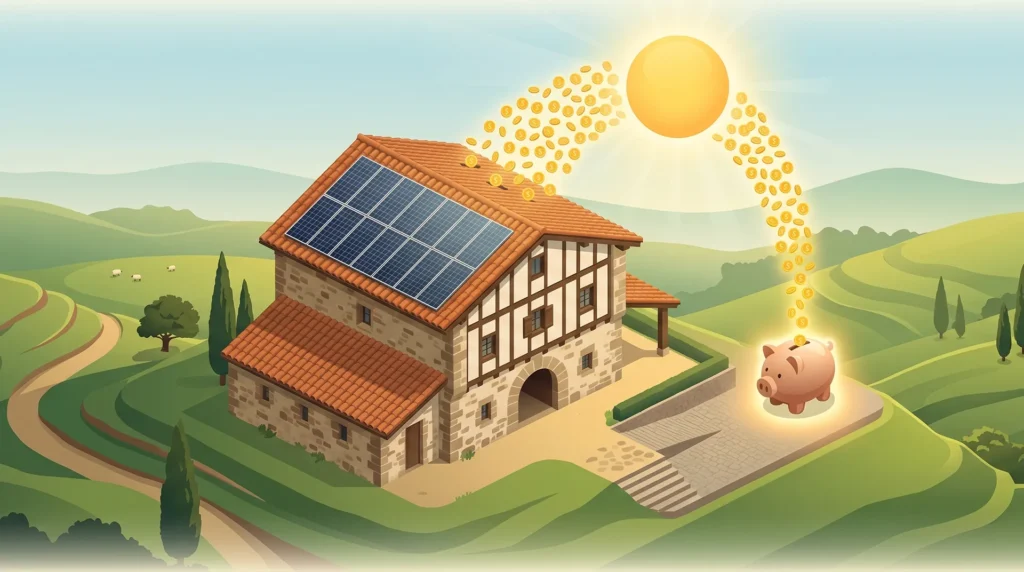 Ilustración de caserío vasco con placas solares y ahorro energético acumulado año a año