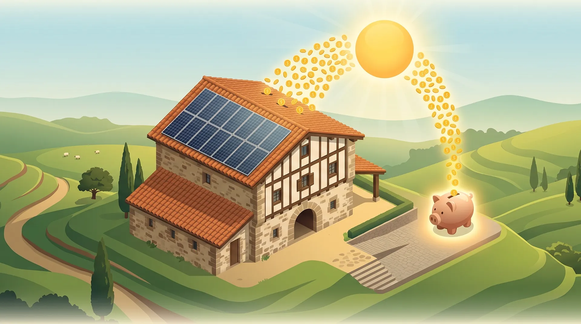 Ilustración de caserío vasco con placas solares y ahorro energético acumulado año a año