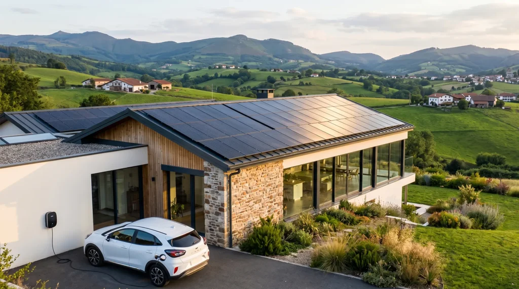 Coche eléctrico conectado a placas solares