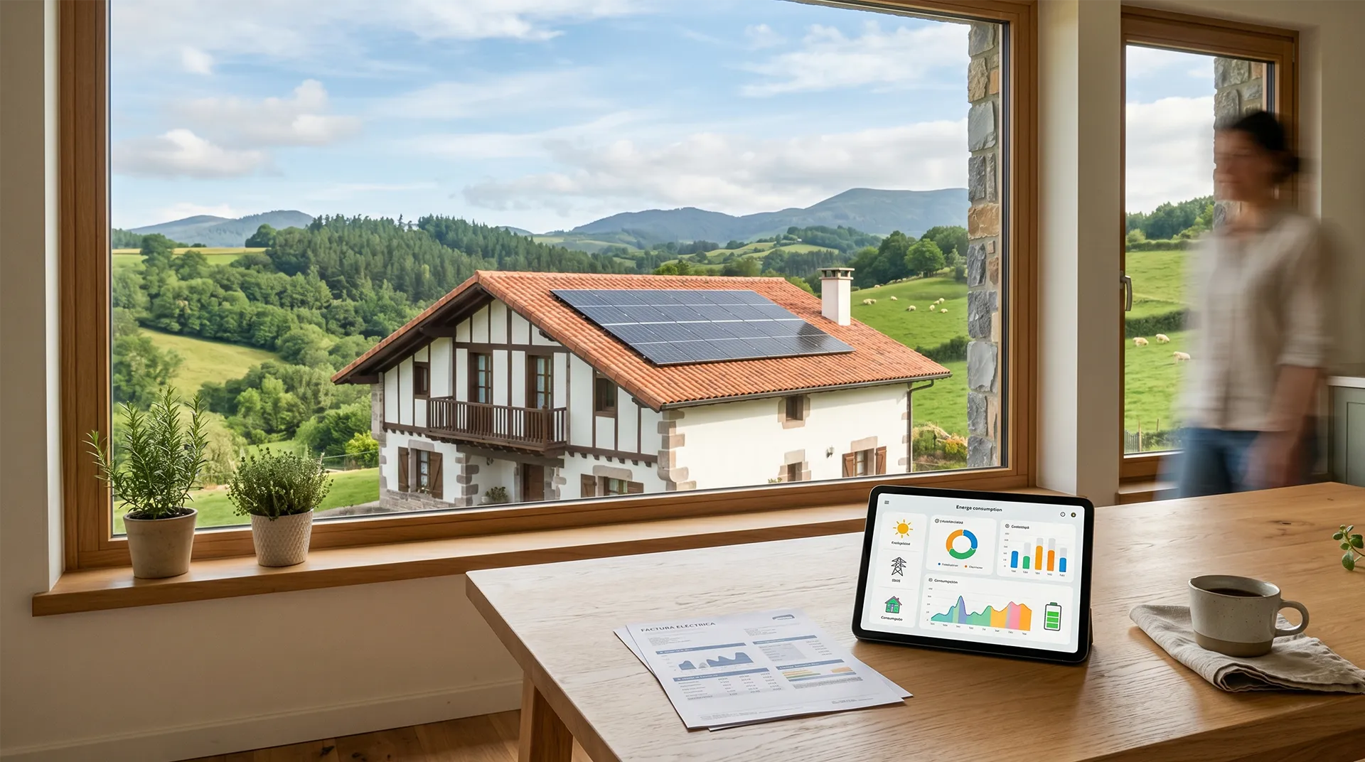 Vivienda del País Vasco con placas solares en el tejado y una factura de la luz, ilustrando cómo elegir la mejor tarifa con autoconsumo solar en Euskadi