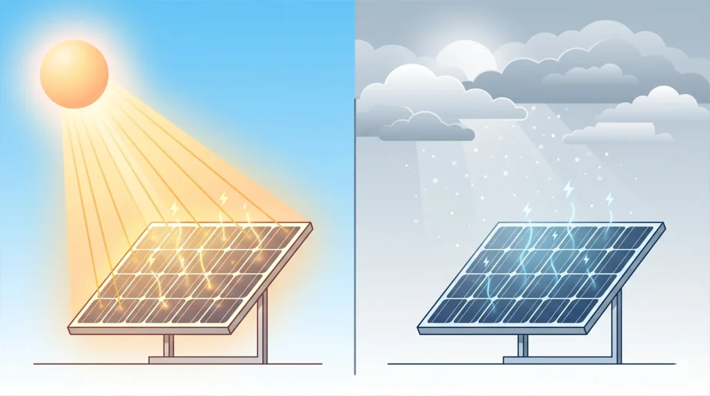Comparación entre la radiación solar directa de un día soleado y la radiación difusa de un día nublado llegando a un panel solar