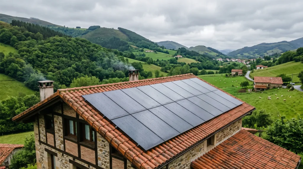 Placas solares en un tejado del País Vasco bajo un cielo nublado, mostrando que los paneles producen energía también en días grises y en invierno