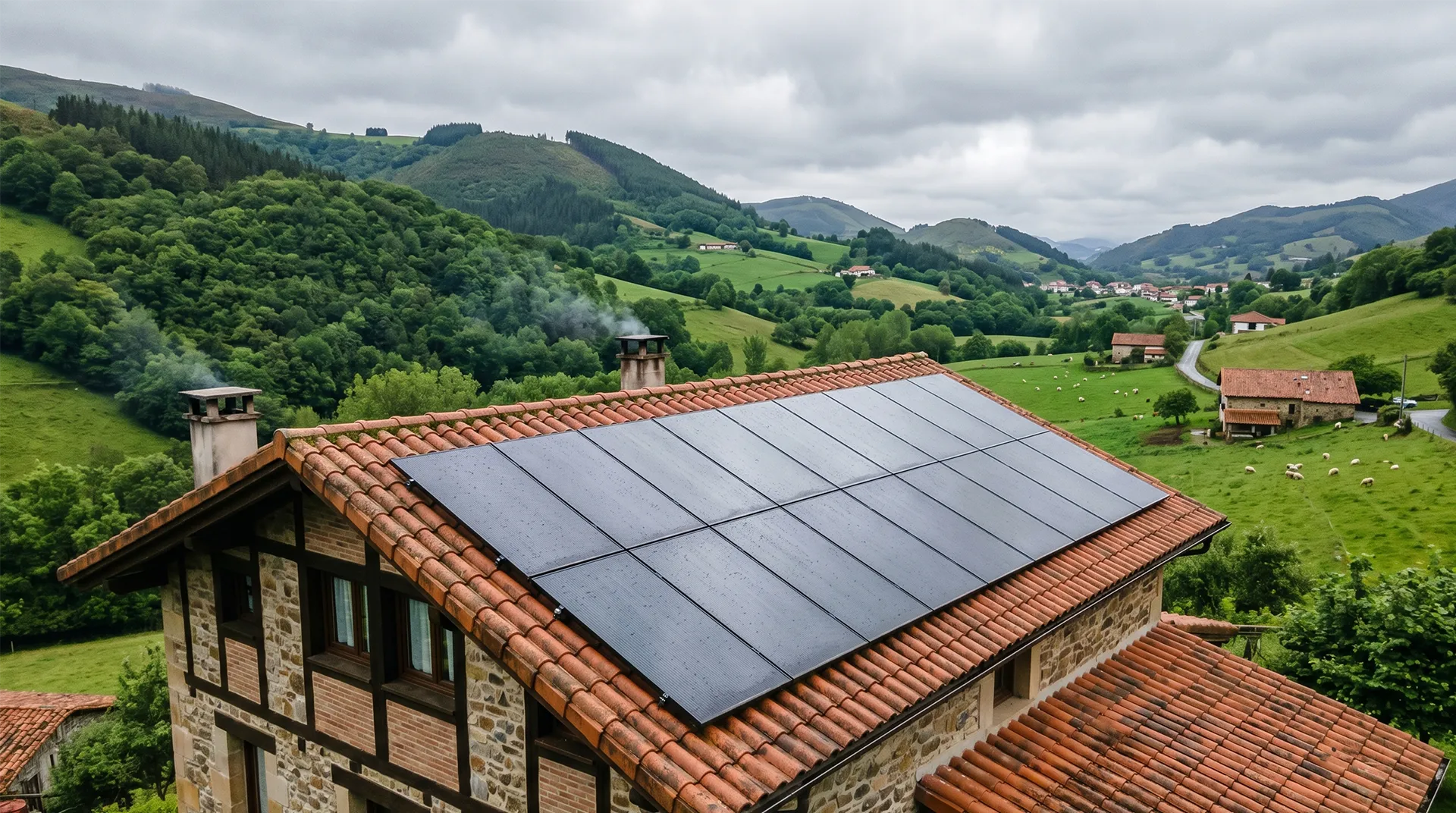 Placas solares en un tejado del País Vasco bajo un cielo nublado, mostrando que los paneles producen energía también en días grises y en invierno
