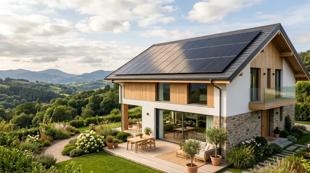Vivienda unifamiliar moderna del País Vasco con placas solares en el tejado bajo un cielo luminoso, instalada por Heko Energías