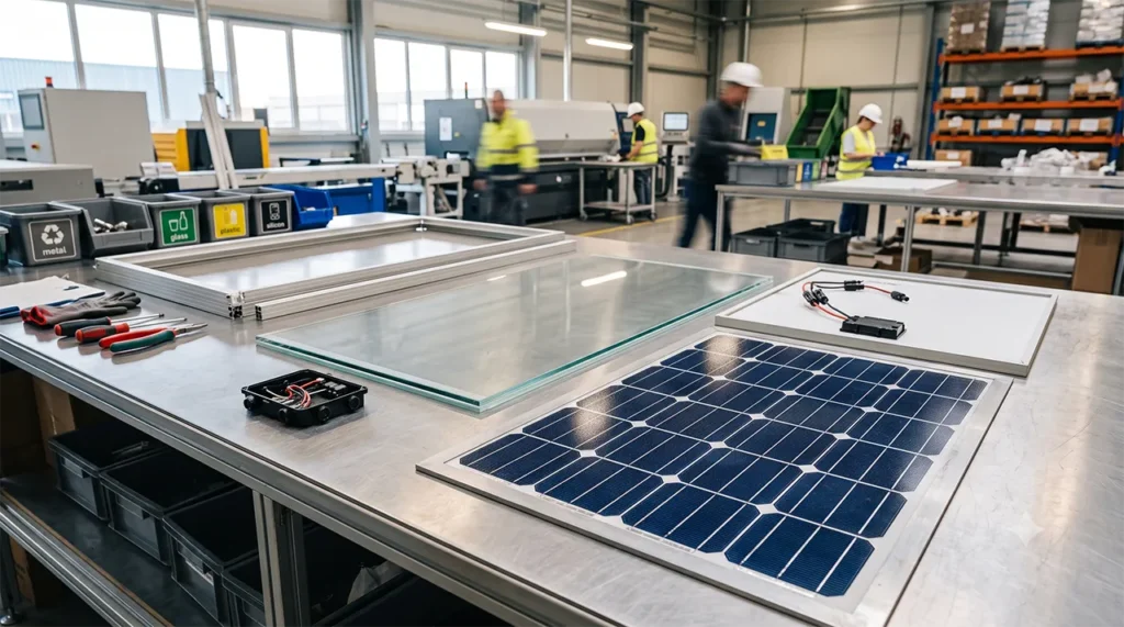 Vidrio, aluminio y silicio separados de un panel solar en una planta de reciclaje, mostrando el proceso de reciclaje de paneles solares