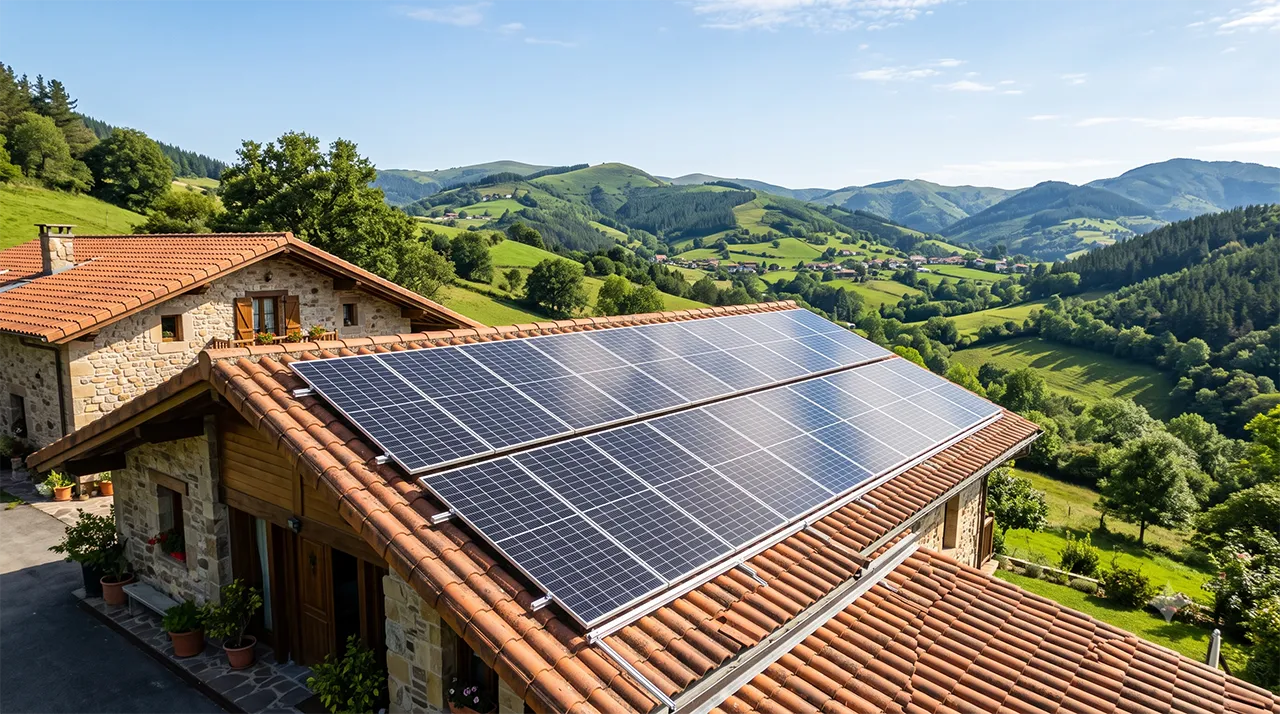 Paneles solares en un tejado del País Vasco bajo cielo limpio, ilustrando la baja huella de carbono de las placas solares