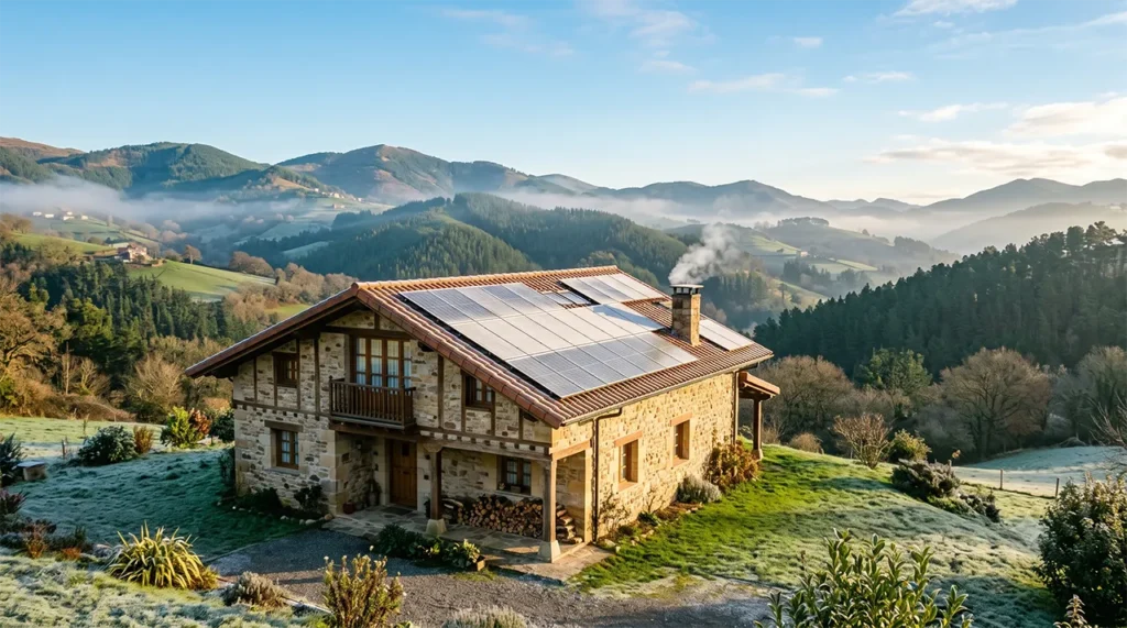 Casa del País Vasco con placas solares en el tejado un día de invierno despejado, ilustrando cómo reducir la factura eléctrica en invierno con la instalación solar