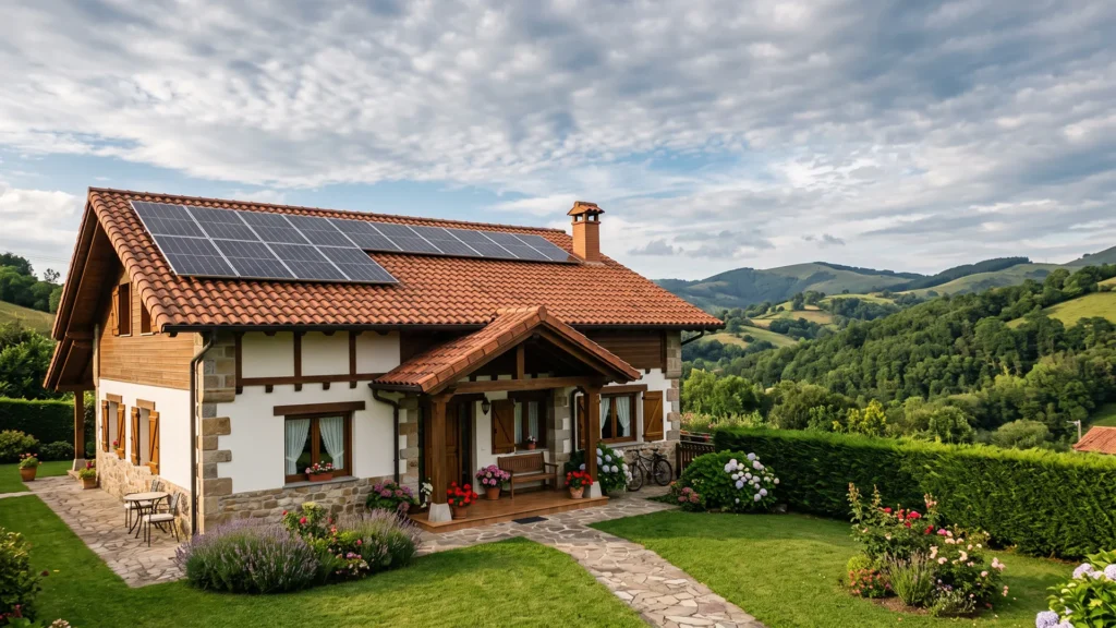 Casa unifamiliar en Euskadi con placas solares en el tejado, lista para venderse con su instalación fotovoltaica