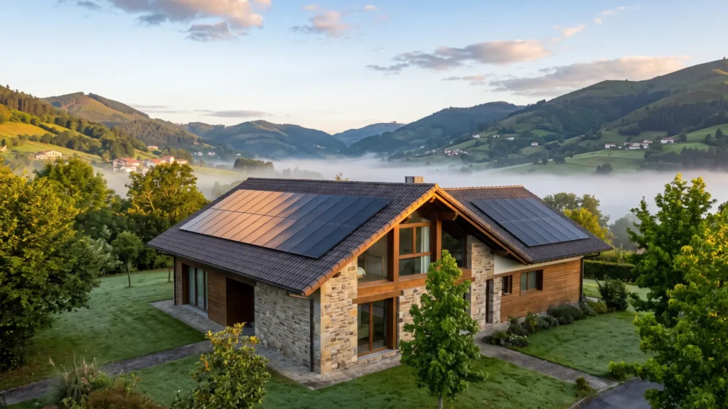 Vivienda en un valle de Gipuzkoa con placas solares en los dos faldones del tejado a primera hora de la mañana