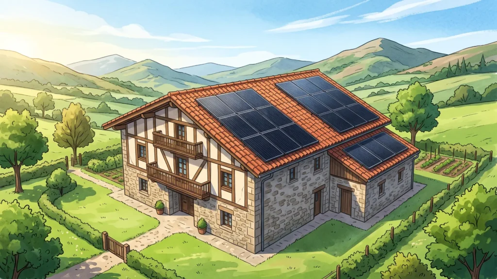 Caserío en Euskadi con placas solares en varios faldones de su tejado de teja, con orientaciones distintas