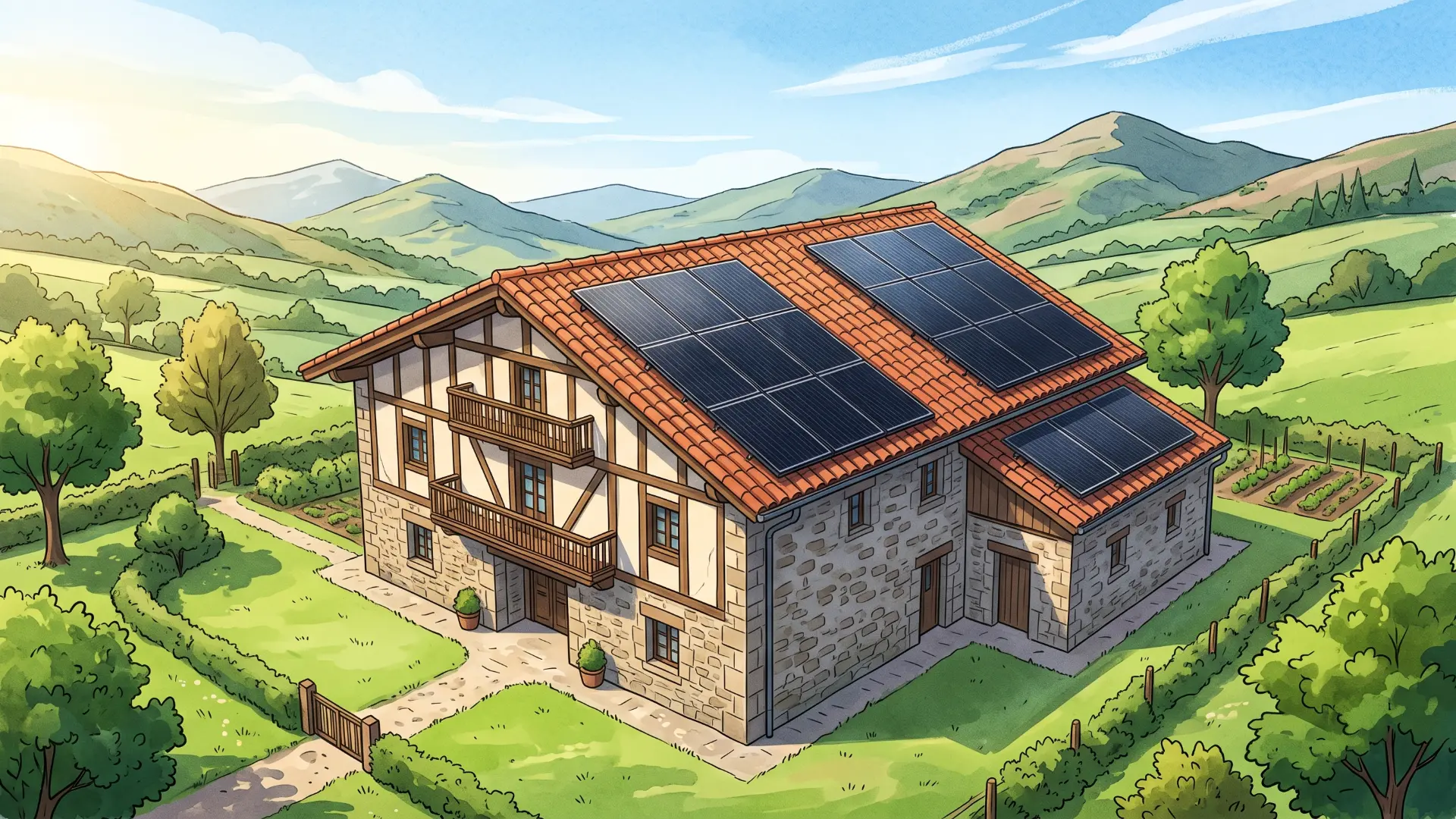 Caserío en Euskadi con placas solares en varios faldones de su tejado de teja, con orientaciones distintas