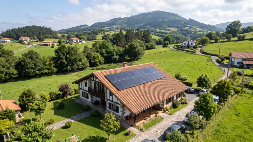 Vista aérea de un caserío en Bizkaia con placas solares en el faldón de su tejado de teja